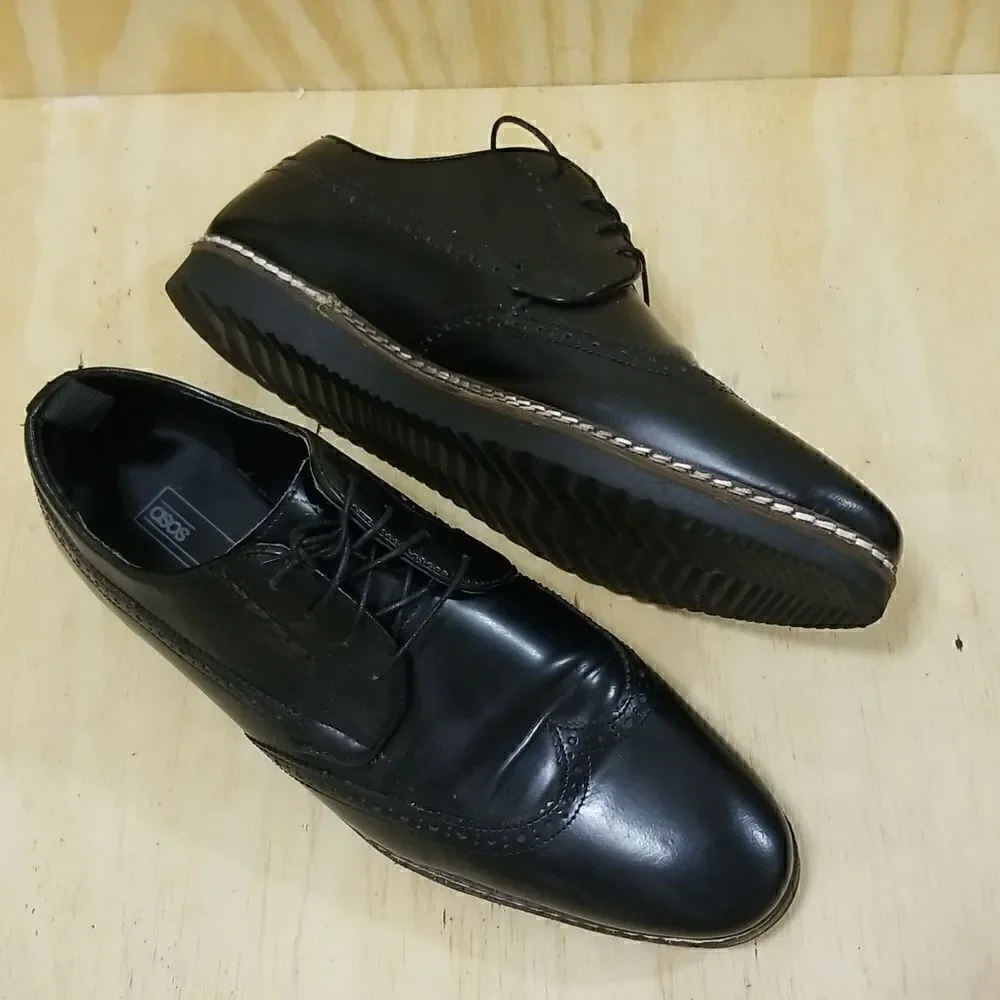 ASOS DESIGN fit brogue shoes in black leather with wedge sole size 13